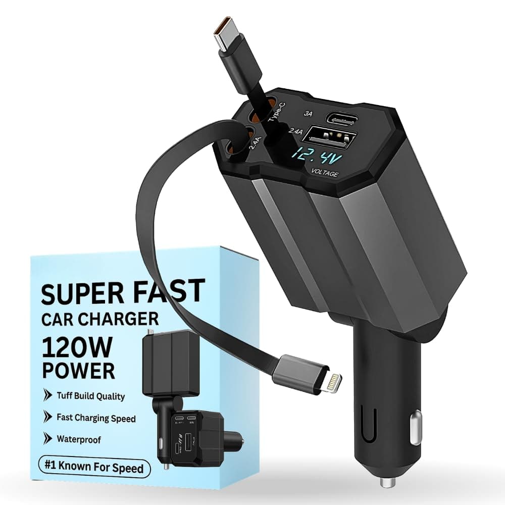 WeFilter 120W Dual Car Charger with Built-in Type-C & Lightning Cable